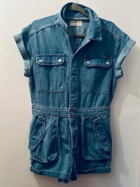 We The Free Free People Work Hard Play Harder Blue Denim Snap Onesie Romper NEW